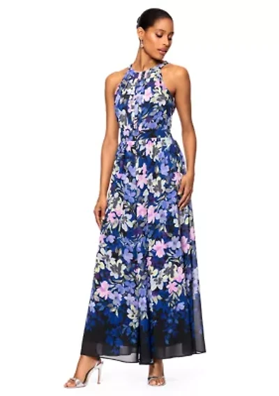 Women's Floral Printed Halter Neck Fit and Flare Gown