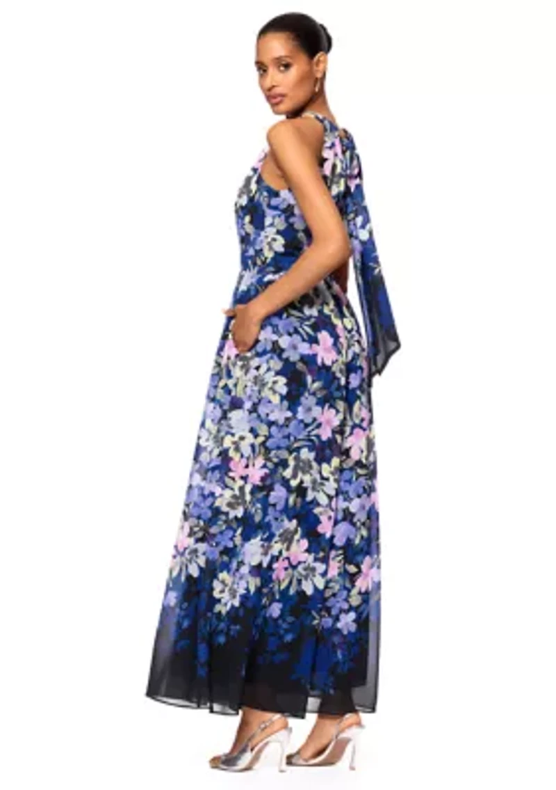 Women's Floral Printed Halter Neck Fit and Flare Gown