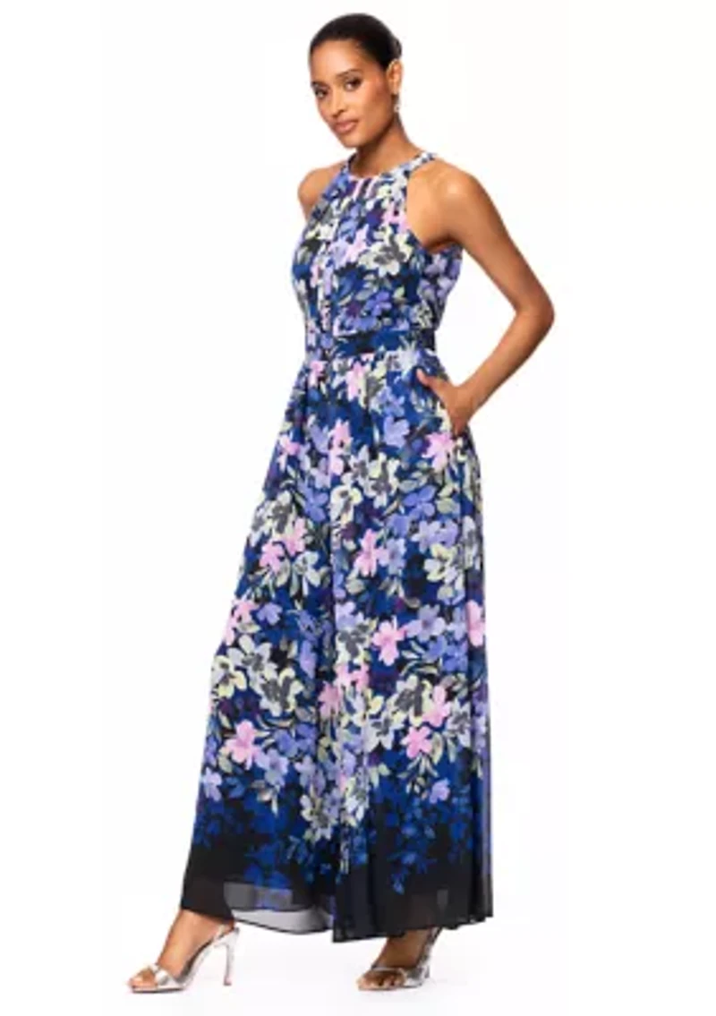 Women's Floral Printed Halter Neck Fit and Flare Gown