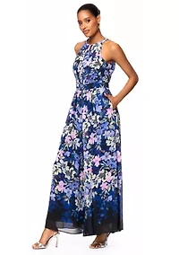 Women's Floral Printed Halter Neck Fit and Flare Gown