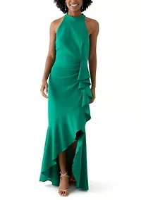 Women's Sleeveless Mock Neck Side Ruffle Gown