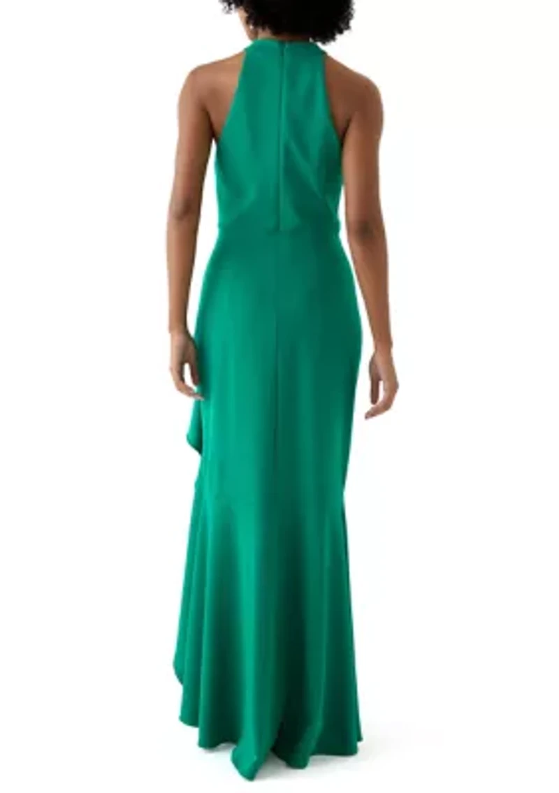 Women's Sleeveless Mock Neck Side Ruffle Gown
