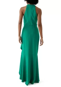 Women's Sleeveless Mock Neck Side Ruffle Gown