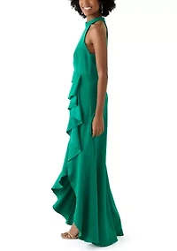 Women's Sleeveless Mock Neck Side Ruffle Gown