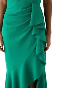 Women's Sleeveless Mock Neck Side Ruffle Gown