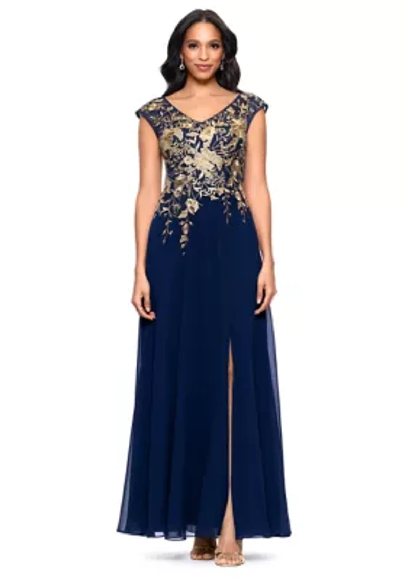 Women's Short Sleeve V-Neck Floral Embellished Gown