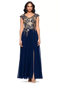 Women's Short Sleeve V-Neck Floral Embellished Gown