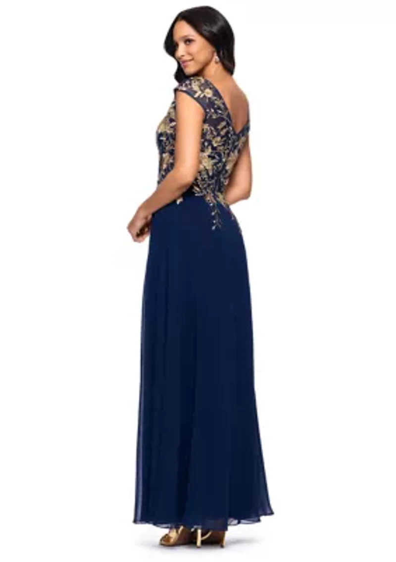 Women's Short Sleeve V-Neck Floral Embellished Gown