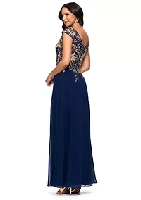 Women's Short Sleeve V-Neck Floral Embellished Gown