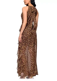 Women's Sleeveless Halter Neck Animal Print Gown