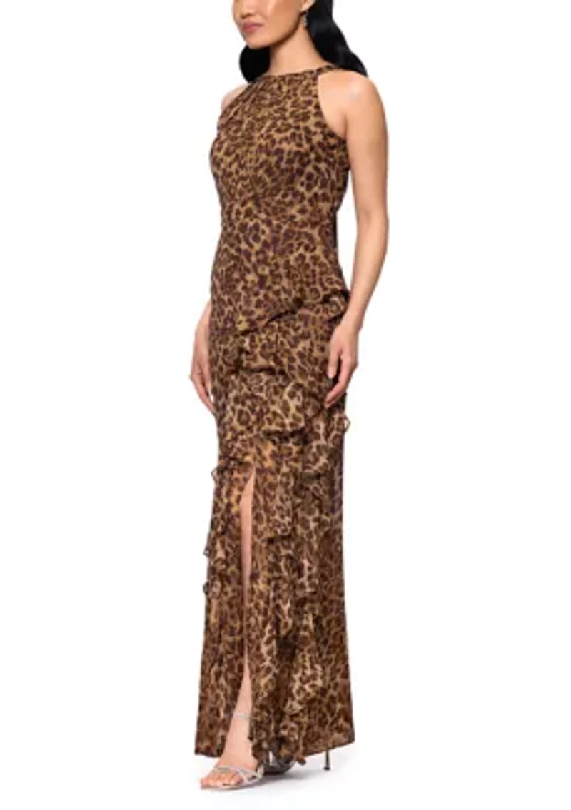 Women's Sleeveless Halter Neck Animal Print Gown