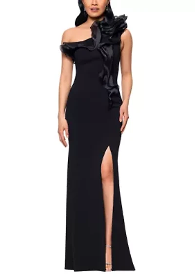 Women's One Shoulder Organza Ruffle Trim Gown