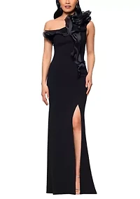 Women's One Shoulder Organza Ruffle Trim Gown