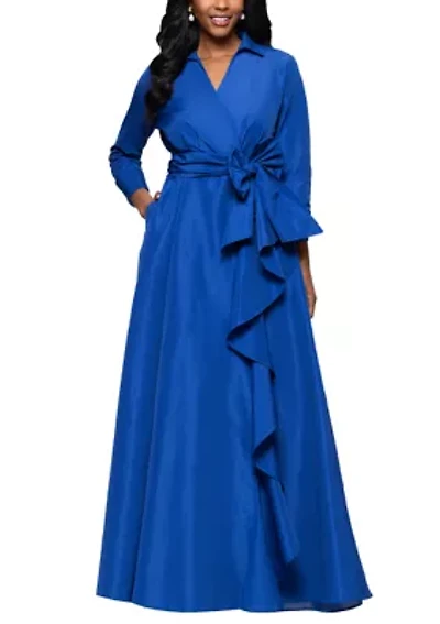 Women's Long Sleeve Collar Neck Solid Tie Waist Gown