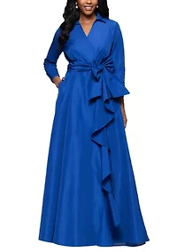 Women's Long Sleeve Collar Neck Solid Tie Waist Gown