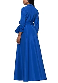 Women's Long Sleeve Collar Neck Solid Tie Waist Gown