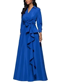 Women's Long Sleeve Collar Neck Solid Tie Waist Gown