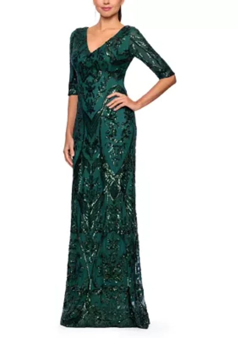Women's Three-Quarter Sleeve Sequin Gown