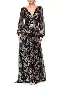 Women's Long Foil Crinkle V-Neck Gown
