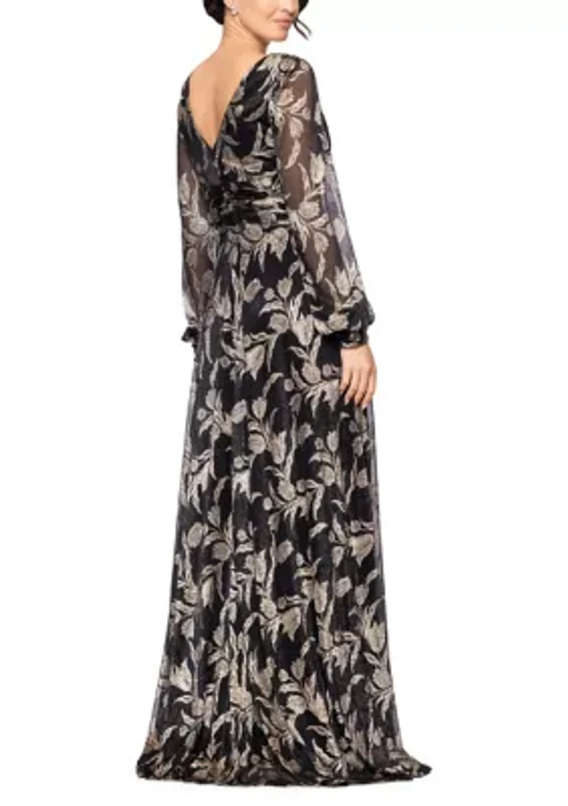 Women's Long Foil Crinkle V-Neck Gown