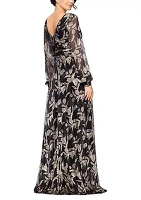 Women's Long Foil Crinkle V-Neck Gown