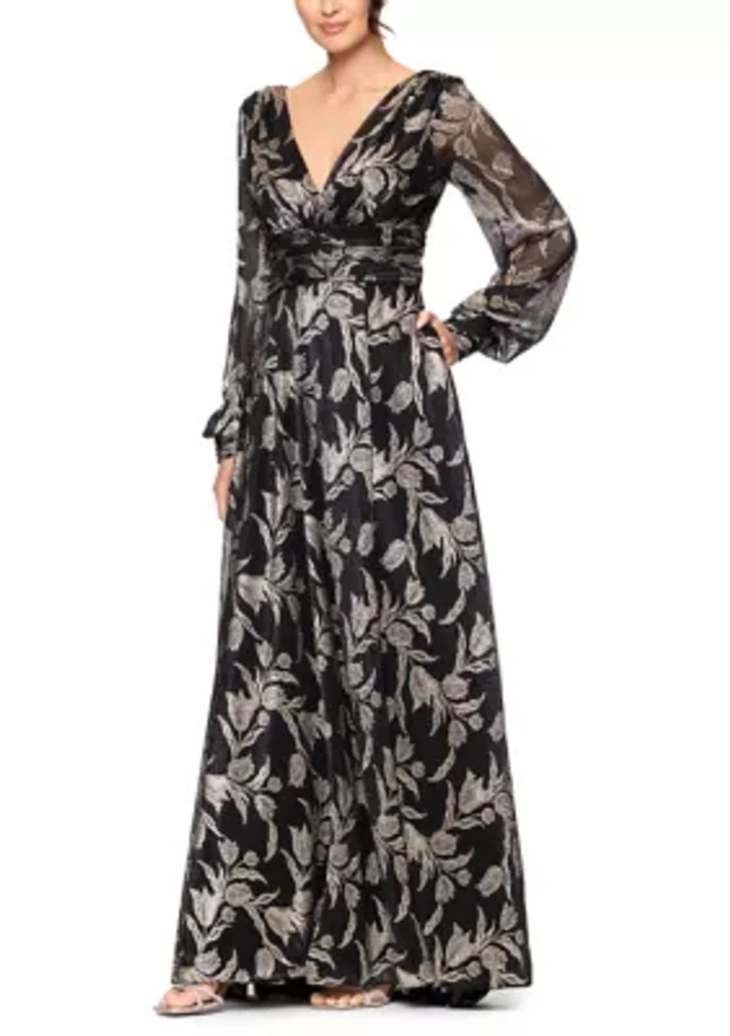 Women's Long Foil Crinkle V-Neck Gown