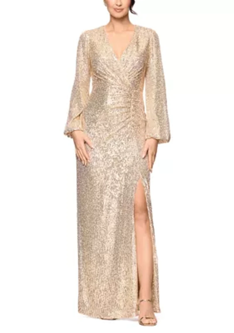 Women's Sequin V-Neck Long Bell Sleeve Gown