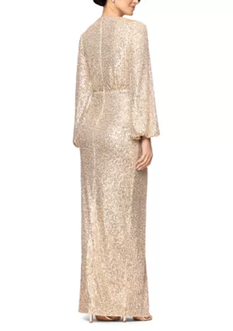 Women's Sequin V-Neck Long Bell Sleeve Gown