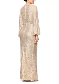 Women's Sequin V-Neck Long Bell Sleeve Gown