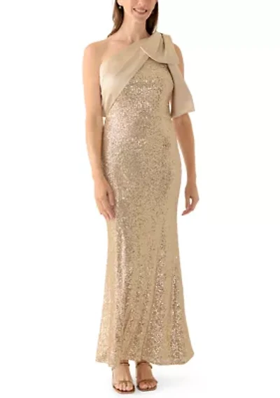 Women's Sequin One Shoulder Satin Bow Long Dress