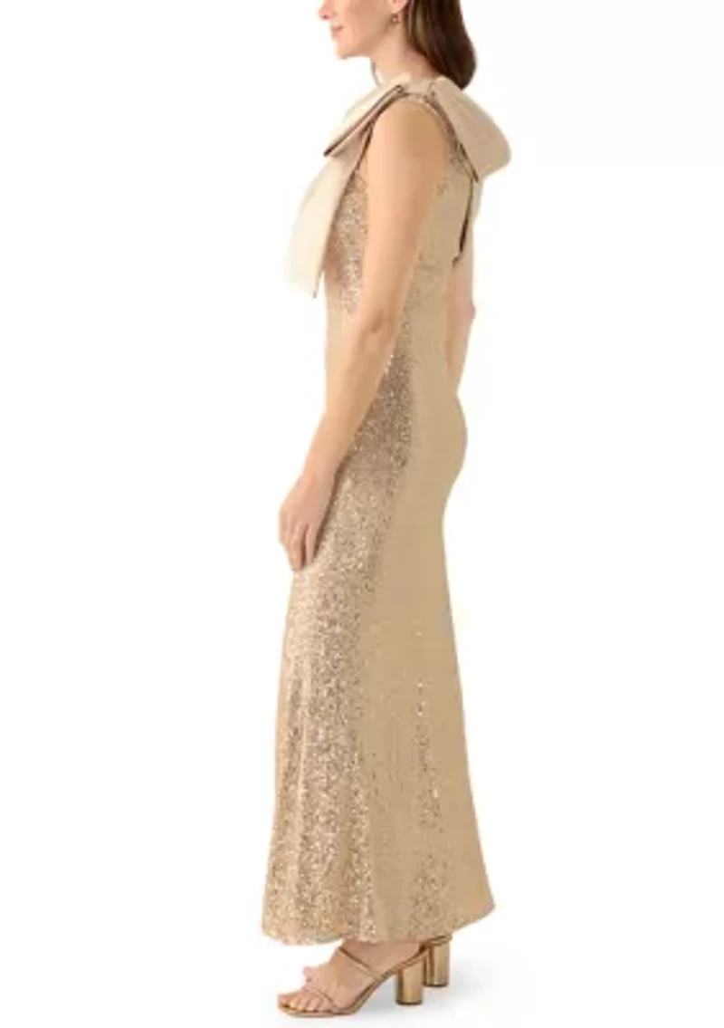 Women's Sequin One Shoulder Satin Bow Long Dress
