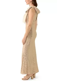 Women's Sequin One Shoulder Satin Bow Long Dress