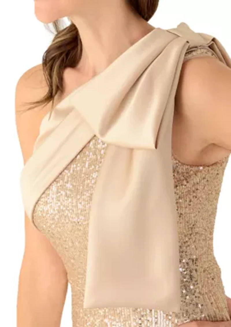 Women's Sequin One Shoulder Satin Bow Long Dress