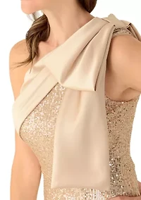 Women's Sequin One Shoulder Satin Bow Long Dress