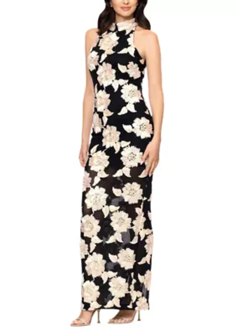 Women's Floral Print Appliqué Gown