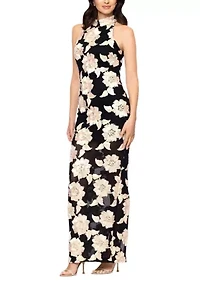 Women's Floral Print Appliqué Gown