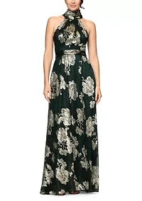 Women's Sleeveless Halter Neck Floral Print Chiffon A-Line Dress