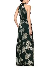 Women's Sleeveless Halter Neck Floral Print Chiffon A-Line Dress