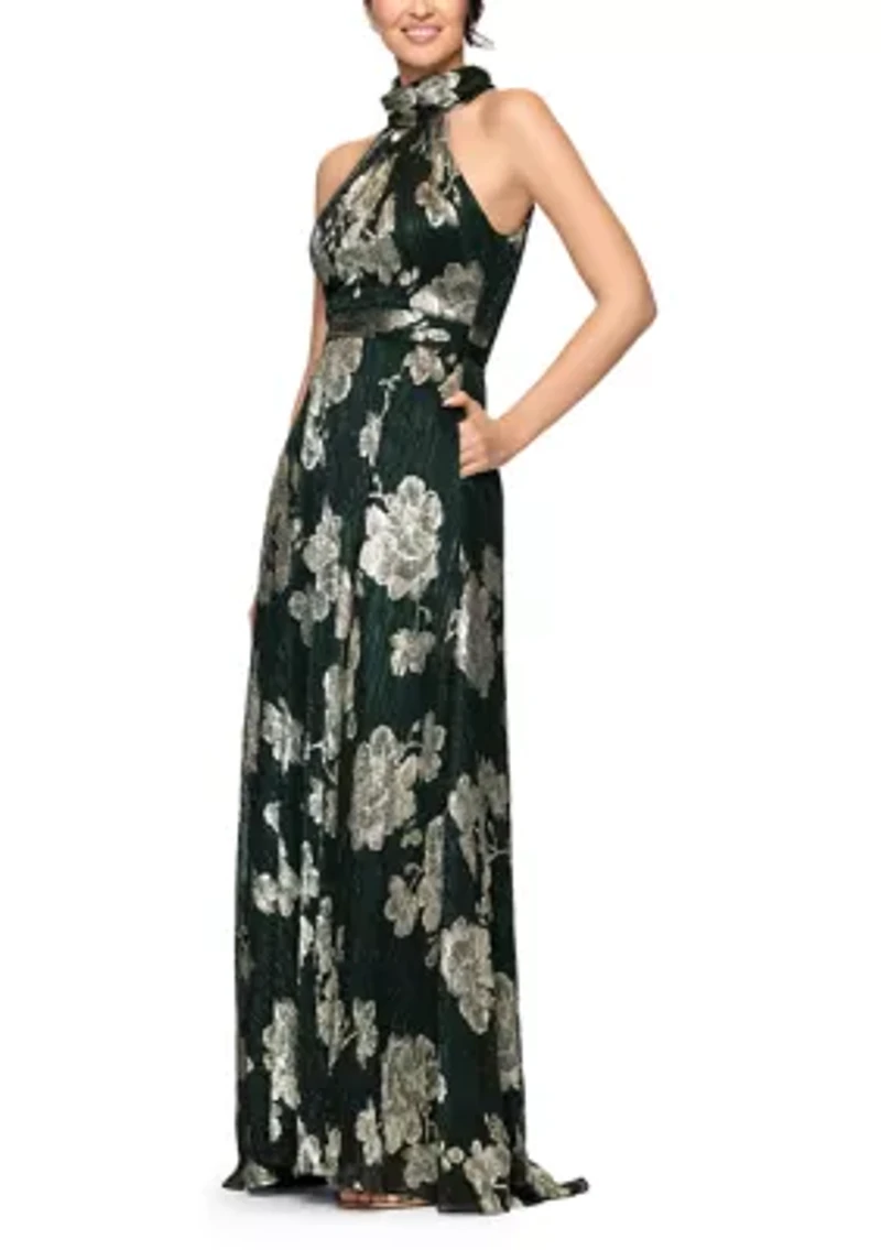 Women's Sleeveless Halter Neck Floral Print Chiffon A-Line Dress