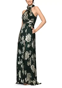 Women's Sleeveless Halter Neck Floral Print Chiffon A-Line Dress