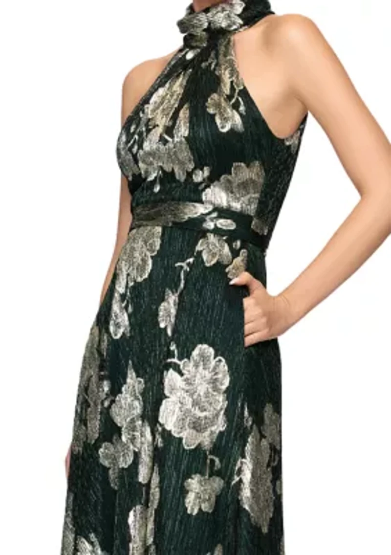 Women's Sleeveless Halter Neck Floral Print Chiffon A-Line Dress