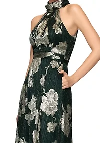 Women's Sleeveless Halter Neck Floral Print Chiffon A-Line Dress