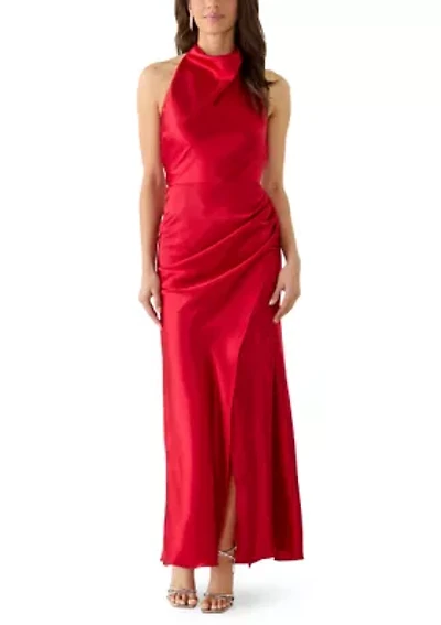 Women's Sleeveless Satin Halter Sheath Dress