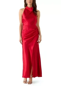 Women's Sleeveless Satin Halter Sheath Dress