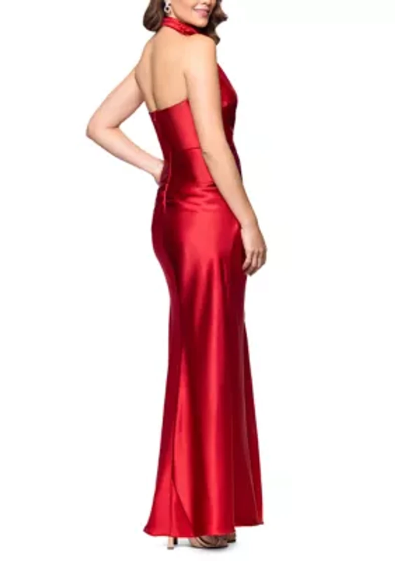 Women's Sleeveless Satin Halter Sheath Dress
