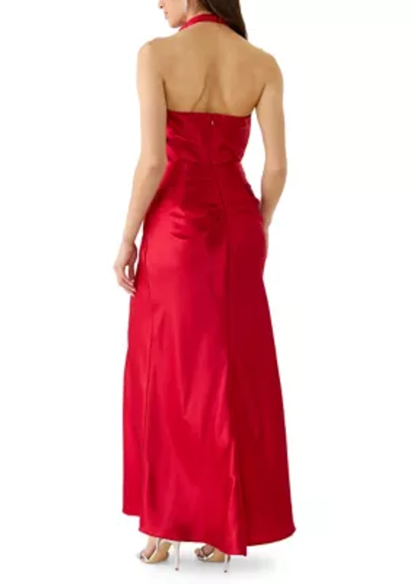 Women's Sleeveless Satin Halter Sheath Dress
