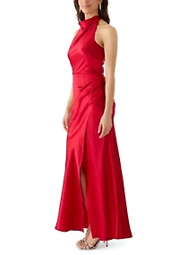 Women's Sleeveless Satin Halter Sheath Dress