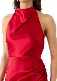 Women's Sleeveless Satin Halter Sheath Dress