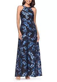 Women's Sleeveless Halter Neck Floral Brocade A-Line Dress