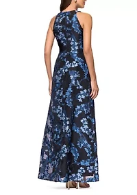 Women's Sleeveless Halter Neck Floral Brocade A-Line Dress